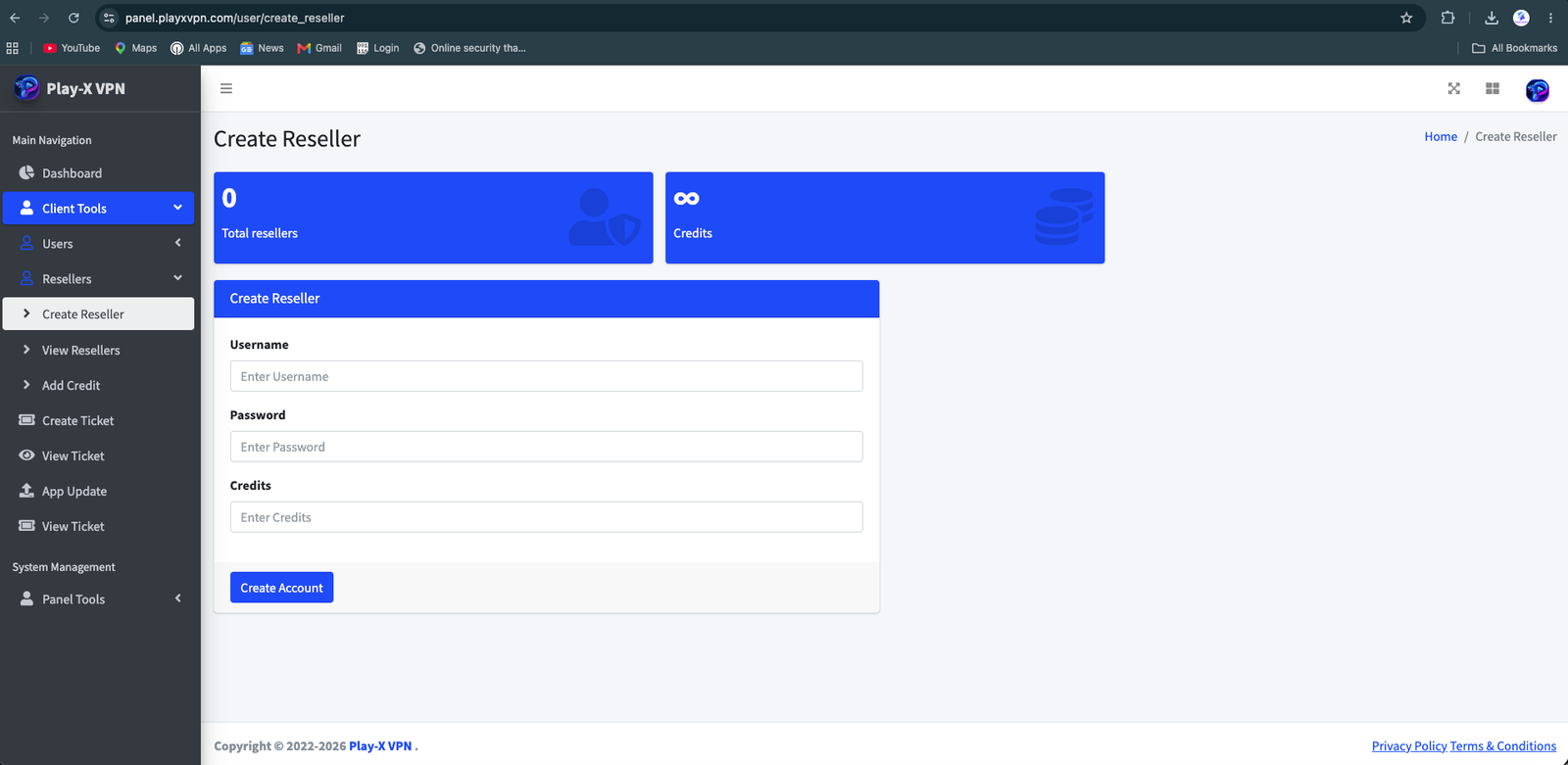 Play-X VPN admin panel create reseller workflow