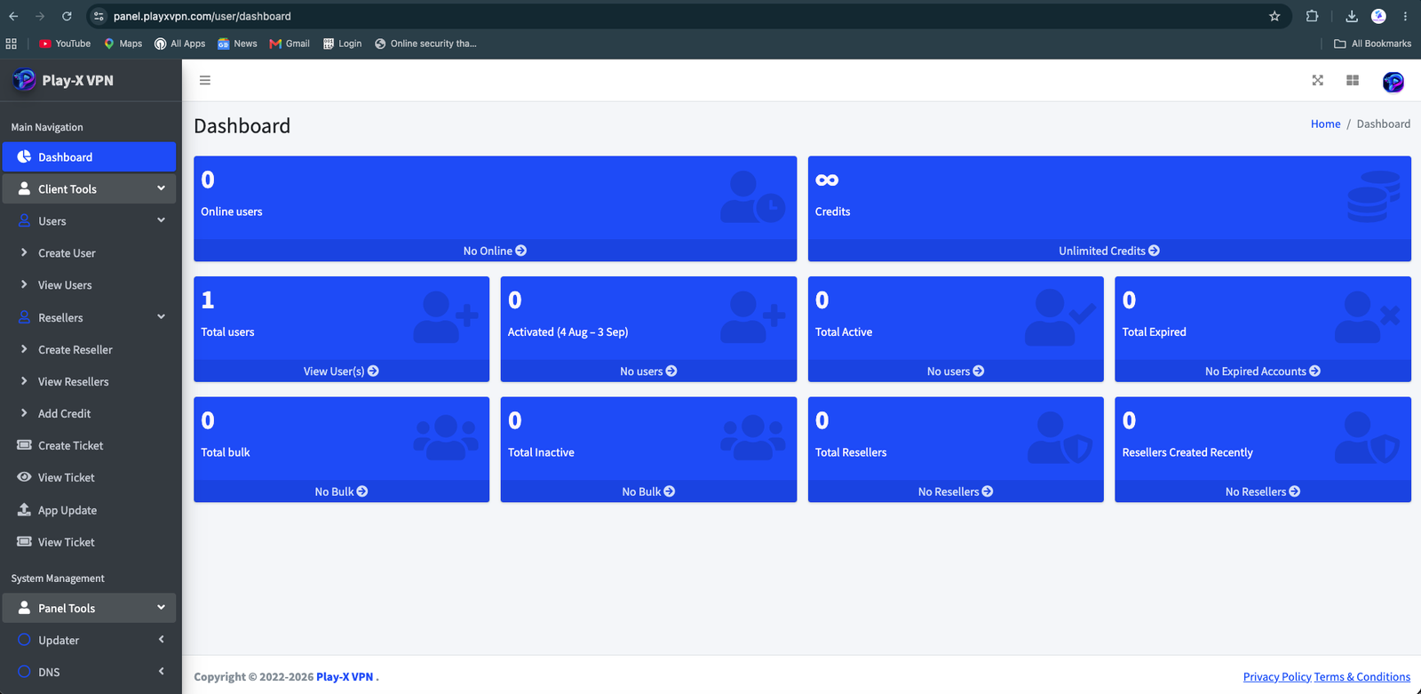 Play-X VPN admin panel navigation with VPN management tools