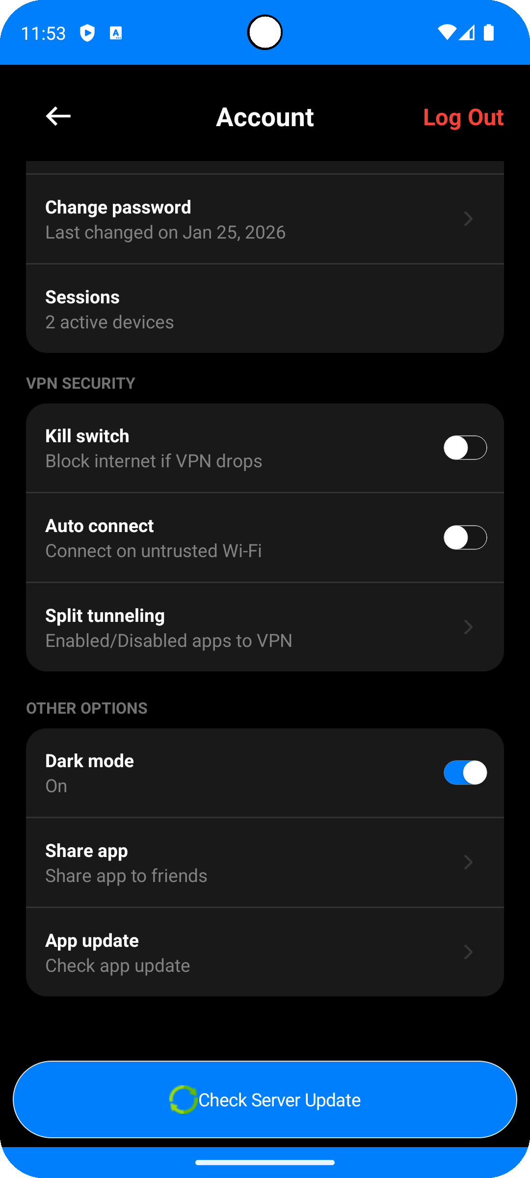 VPN app security and account settings