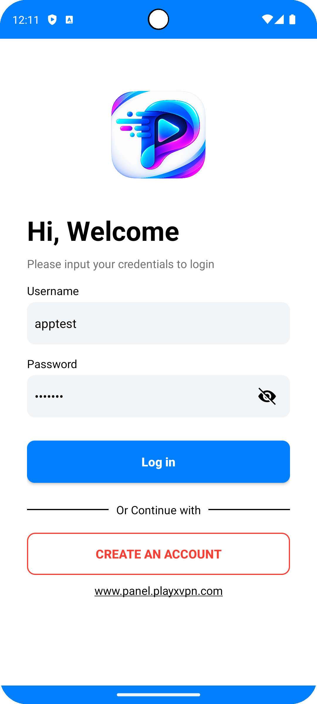 Branded Play-X VPN app login screen