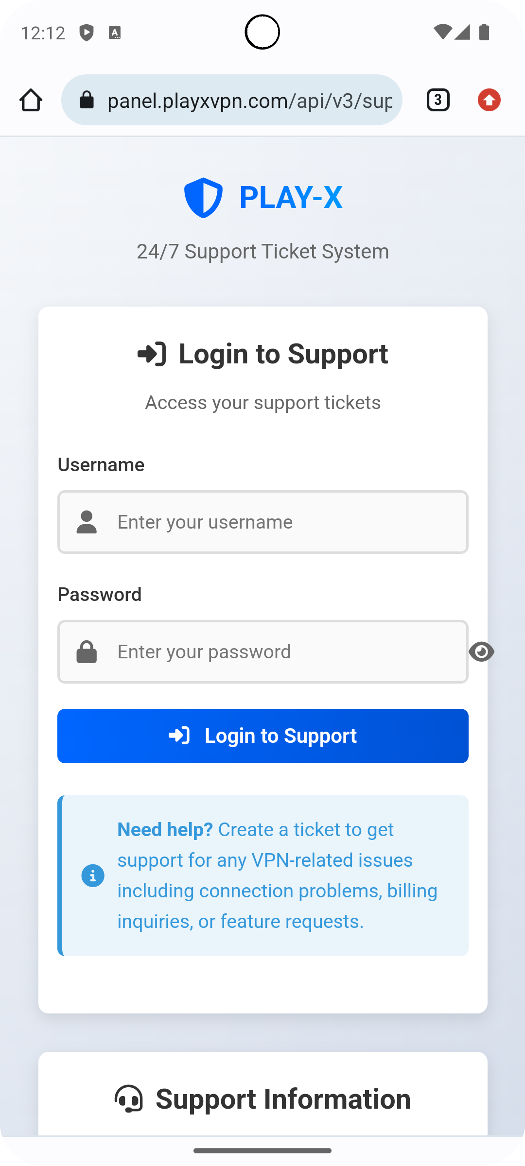 VPN app customer support login