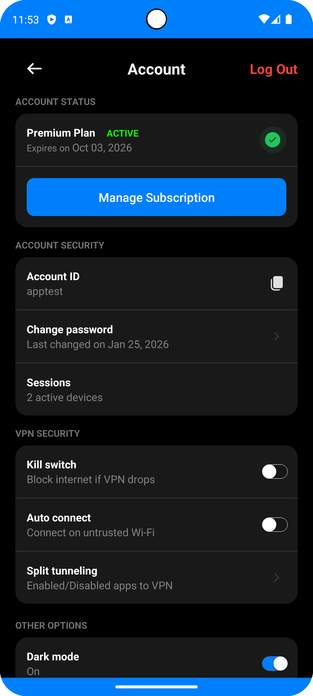 VPN app subscription information