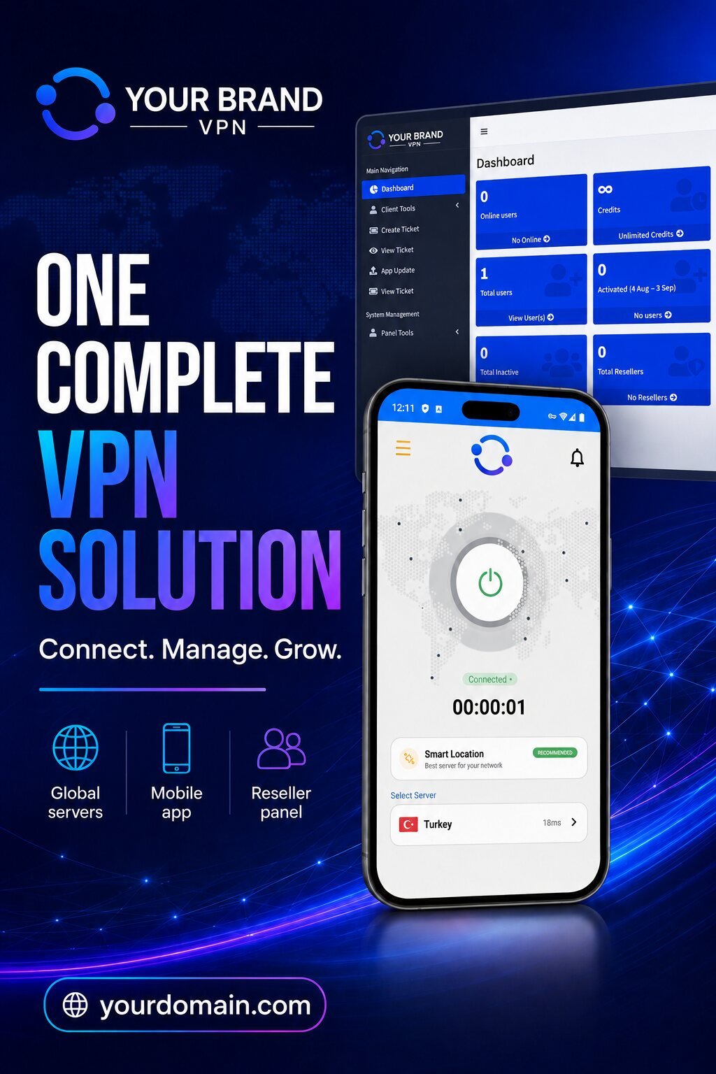 Complete VPN business solution overview: admin panel dashboard, branded mobile app, global servers and reseller panel.