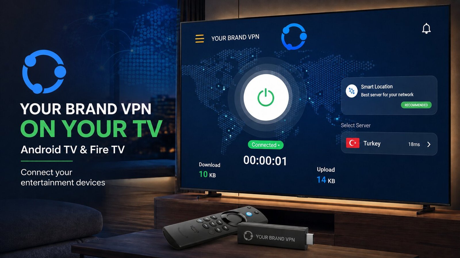 Branded VPN app running on a television with an Amazon Firestick remote, showing the connect screen and server selector.