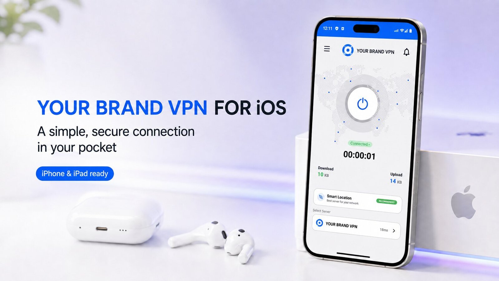 Branded iOS VPN app on iPhone showing the connect screen, session timer and smart location.