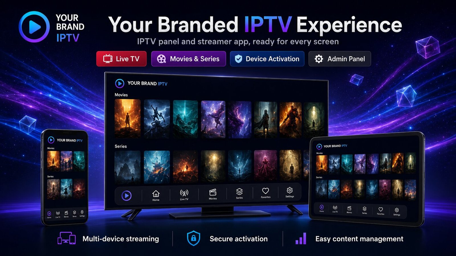 Branded IPTV experience across devices: streaming app on a television showing movies and series rows, with phone and tablet layouts.