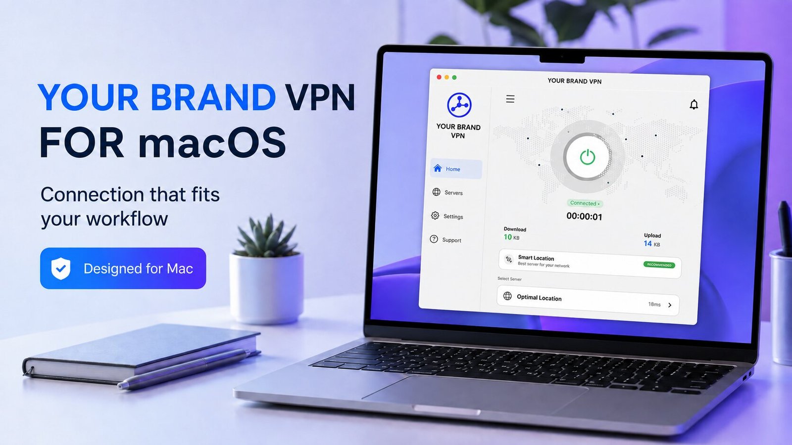Branded macOS VPN client on a MacBook showing the connect screen with servers, settings and support navigation.