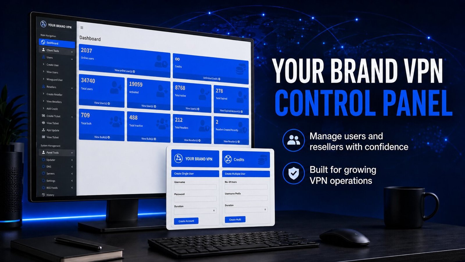 VPN admin panel dashboard showing online users, total users, active and expired accounts, reseller counts and a bulk user creation form.