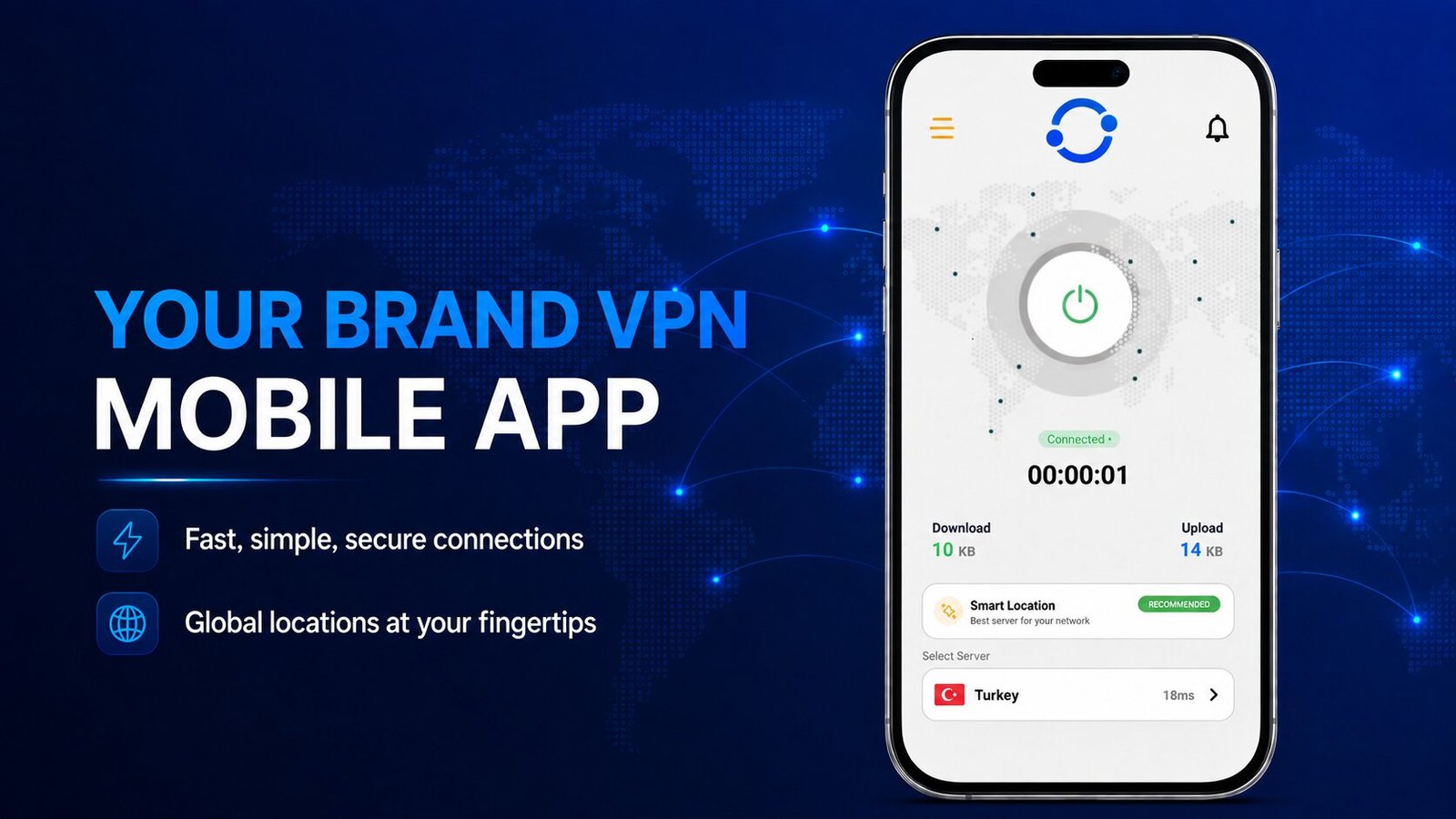 Branded mobile VPN app connected, showing session duration, download and upload figures and the selected server.