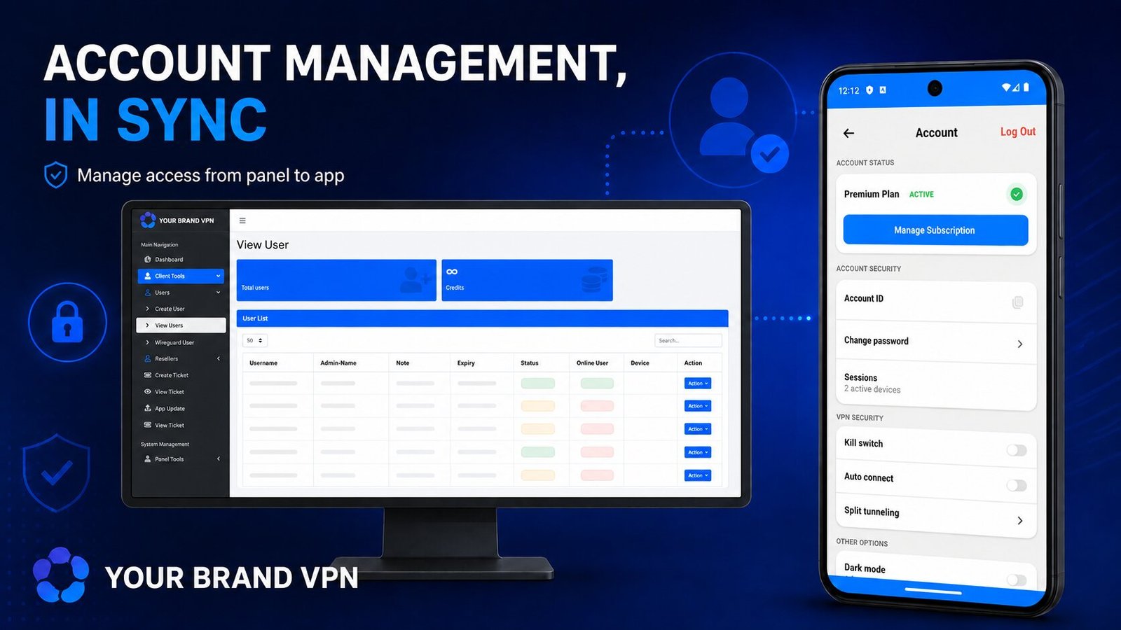 VPN panel user management table beside the mobile app account screen showing subscription status, sessions and account security options.