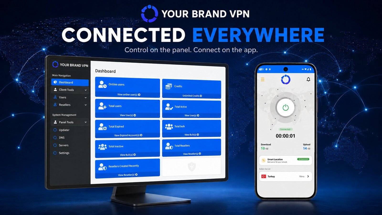 VPN admin panel dashboard beside the branded mobile app connected screen showing session time and transfer figures.