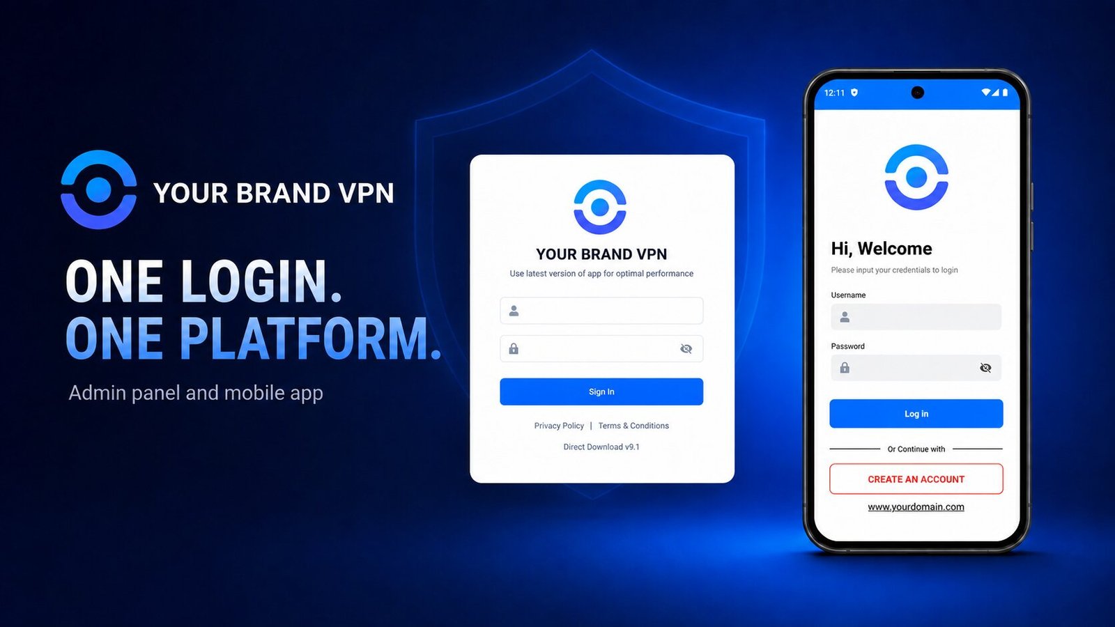 VPN admin panel sign-in screen next to the branded mobile app login screen.