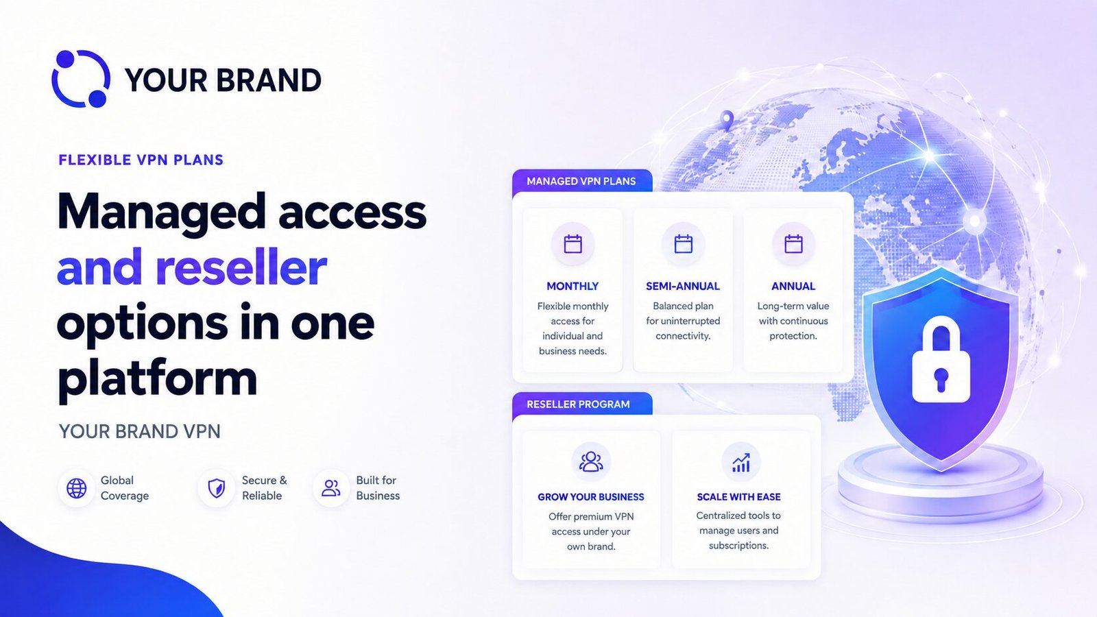 VPN plan options — monthly, semi-annual and annual — shown with reseller program cards for selling under your own brand.
