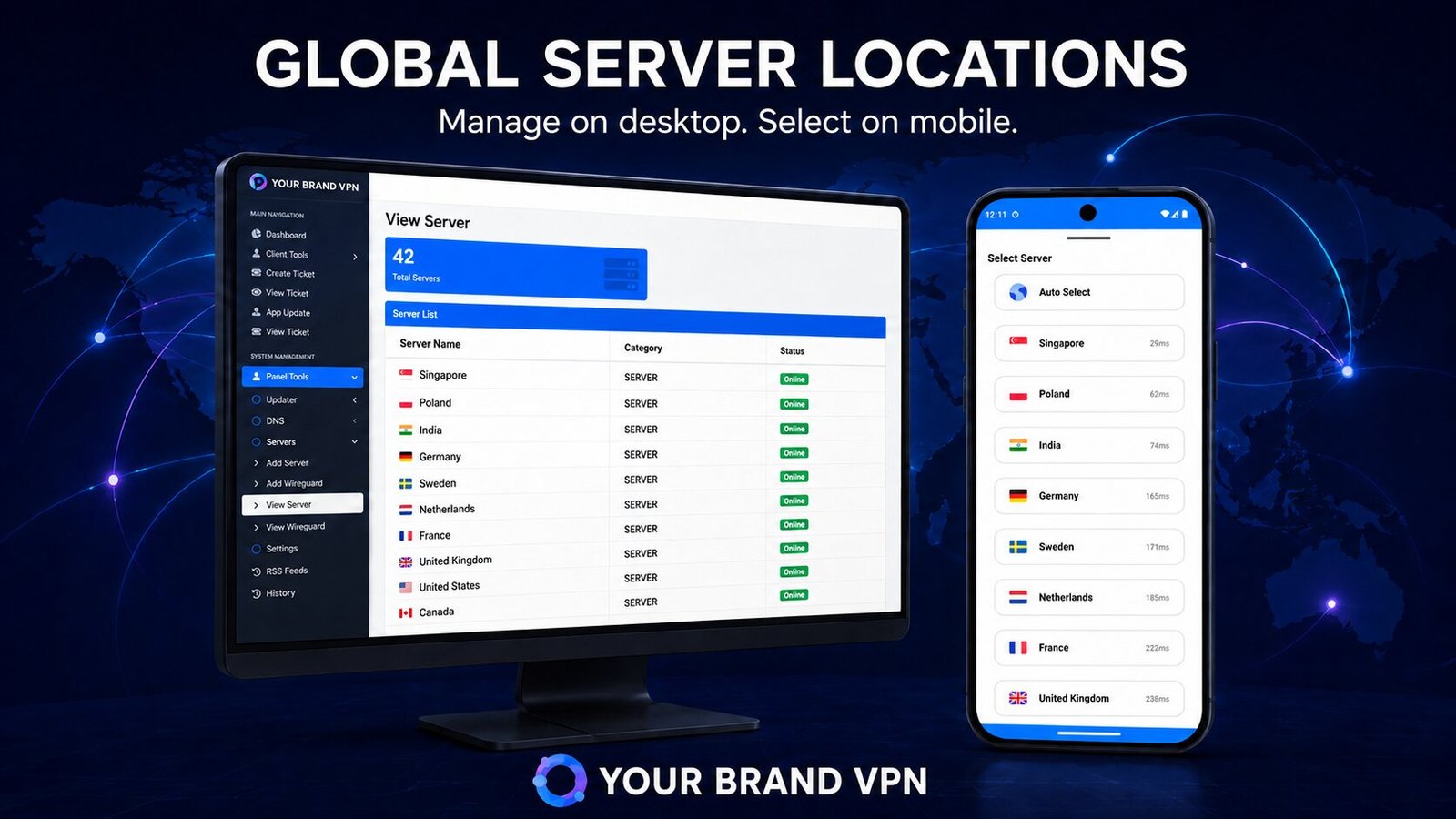 VPN panel server list on desktop next to the app server picker showing selectable locations with latency values.