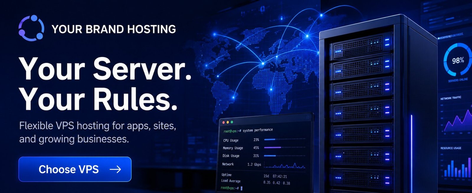 VPS hosting illustration with a server rack and a terminal showing CPU, memory, disk and network system performance readings.