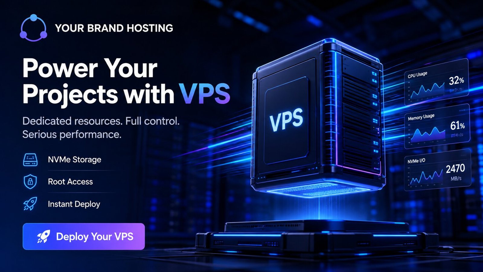 VPS resource view showing CPU and memory usage meters and NVMe storage throughput.