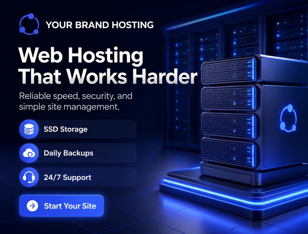 Web hosting server infrastructure illustration with SSD storage, daily backups and 24/7 support highlighted.
