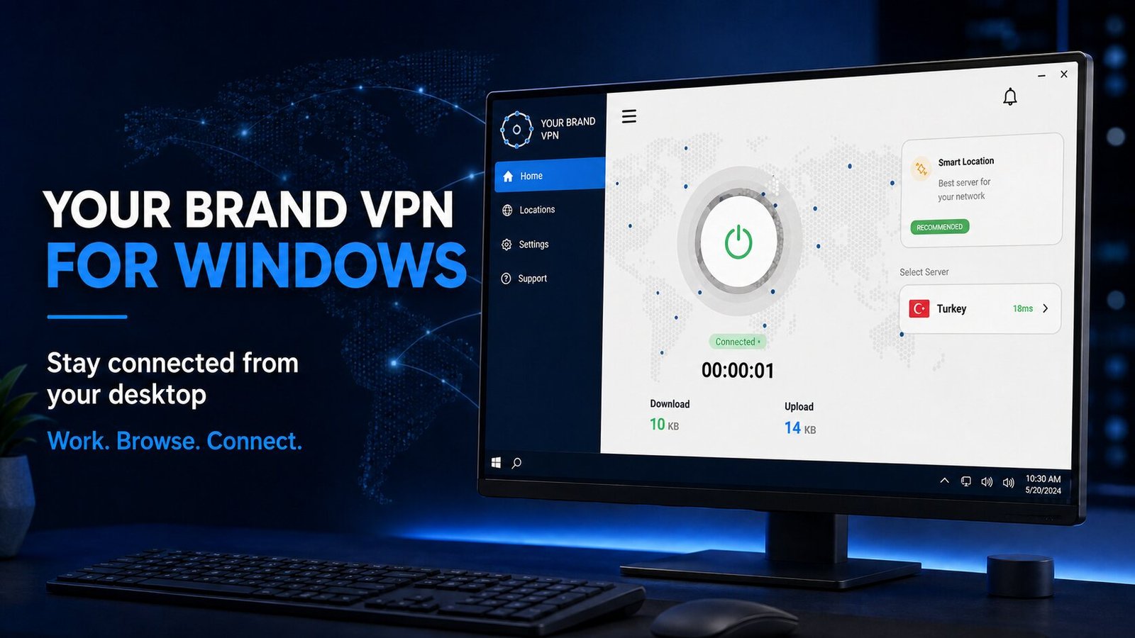 Branded Windows VPN desktop client showing the connect button, location list and session transfer figures.